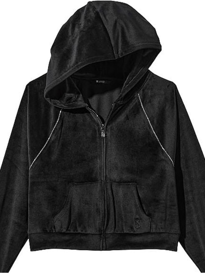 Victoria's Secret Black Velour Rhinestone Zip Up Hoodie Y2k Mcbling Coquette